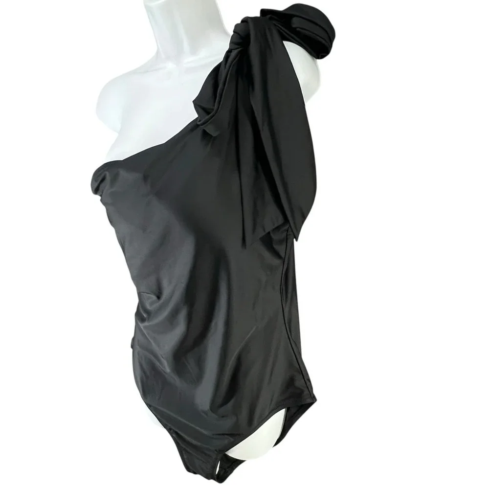 J Crew One Piece Womens 16 Black Bow One Shoulder‎ Swimsuit Modern Chic Beach